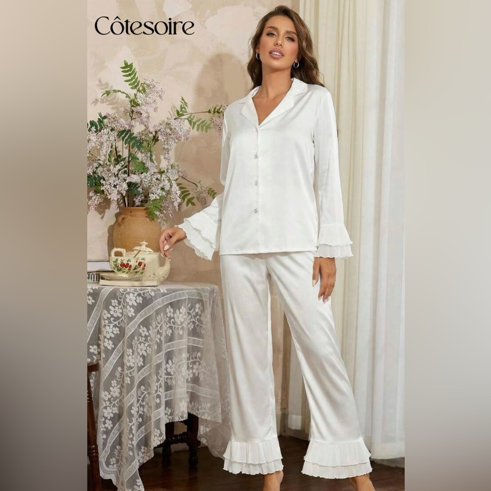 Satin Blouse Ruffle Flutter Hem PJ Set